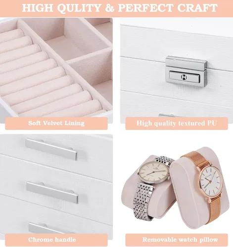 Vista 7 de ANWBROAD Caja organizadora de joyas Caja de joyería para mujer con cerradura de 6 niveles Caja de almacenamiento de joyería blanca para aretes