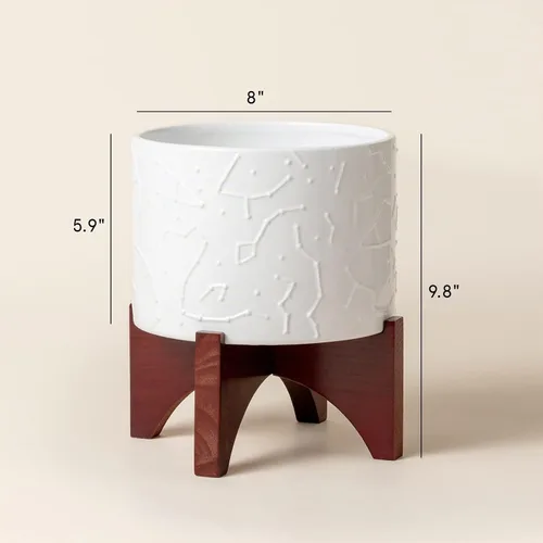 Vista 6 de LA JOLIE MUSE Maceta de cerámica para plantas, maceta interior de 8 pulgadas con soporte Decorative Plant Pot with Wood Stand and Drainage Hole