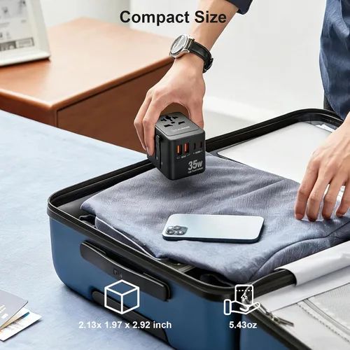 Vista 3 de Realmade Adaptador de viaje universal de 35 W con carga rápida PD, 5 puertos (1 AC/2 USB-A/2 USB-C) adaptador de enchufe de viaje europeo, tipo
