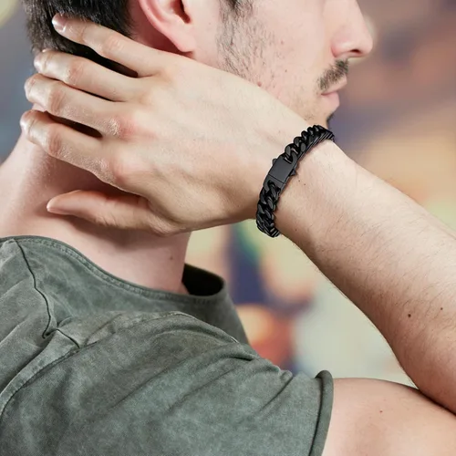 Vista 2 de ChainsProMax Pulseras de cadena cubana de acero inoxidable para hombre, 5790.472 in de ancho, 7.58.39 pulgadas de largo, negrodorado