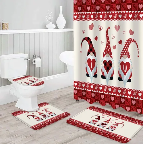 Vista 3 de Juego de 4 cortinas de ducha de lujo de San Valentín para baño, decoración de amor de gnomo rojo, duradero, impermeable, con tapete de baño