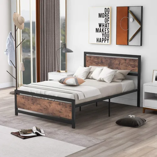 Vista 3 de Majnesvon Base de cama resistente de tamaño matrimonial con cabecera de madera moderna, plataforma de metal con marco de hierro esmerilado