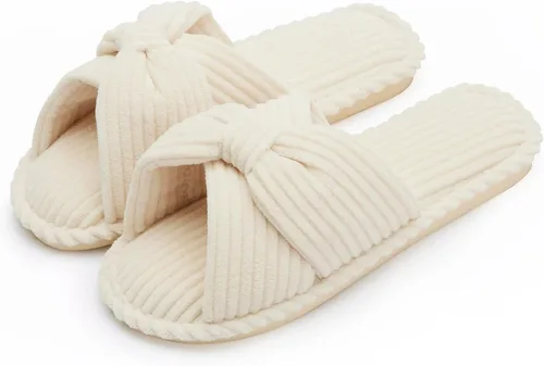 Vista 7 de Chantomoo Pantuflas para mujer, de espuma viscoelástica, para el hogar, dormitorio, baño, spa, puntera abierta, con lazo de pana, acogedoras
