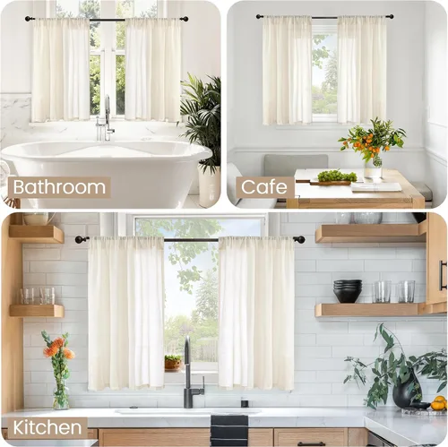 Vista 2 de BGment Cortinas de lino café de 30 pulgadas de largo para ventana pequeña, cortinas de media ventana beige semitransparentes ligeras con bolsillo