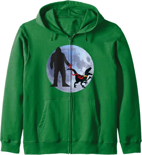 Vista 6 de Bigfoot Dinosaur Sasquatch Raptor Bigfoot Pet Dino on Leash Zip Hoodie Azul Marino