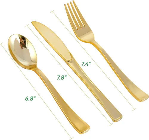 Vista 3 de FOCUSLINE Juego de 75 cubiertos desechables de plástico dorado, 25 tenedores, cuchillos, cucharas, cubiertos desechables, juego de utensilios
