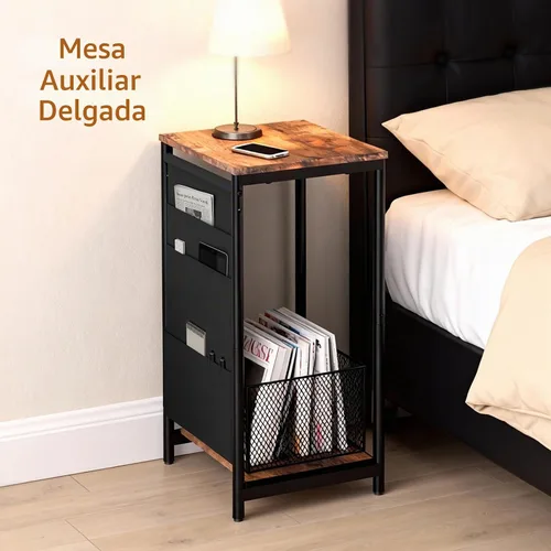 Vista 5 de Mesa auxiliar pequeña y estrecha, mesa auxiliar delgada con bolsillos de almacenamiento para espacios pequeños, sala de estar, dormitorio, sofá