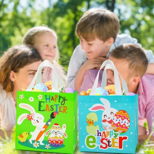 Vista 2 de SULOLI Bolsas de regalo de Pascua, bolsas de compras no tejidas de Pascua con asas para fiestas de vacaciones (paquete de 8), Verde, naranja, rosa