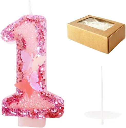 Vista 9 de Velas de cumpleaños número 4, velas de pastel de feliz cumpleaños con purpurina rosa hecha a mano rosado
