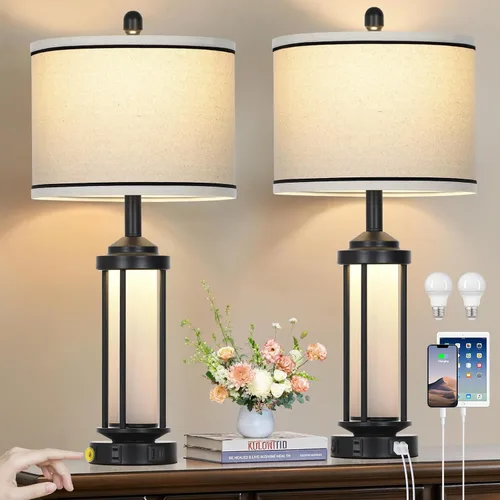 Vista 11 de Lámparas de mesa modernas, lámpara de noche industrial regulable de 3 vías con puertos USB A+C y salida de CA, control táctil, lámpara de mesita