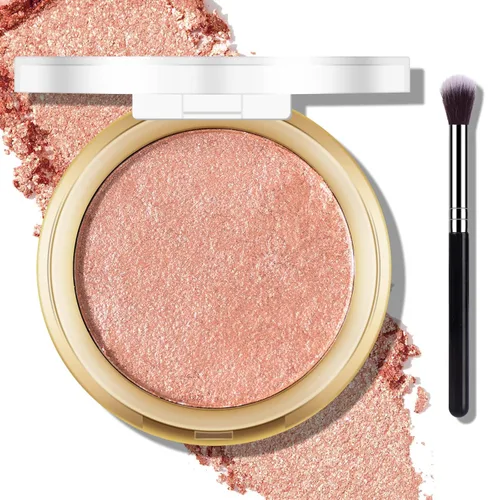 Vista 8 de Paleta de Polvo de Iluminador Rosa Horneado, Paleta de Polvo de Iluminador de Maquillaje Acabado Sutil y Brillante Iluminadores Faciales
