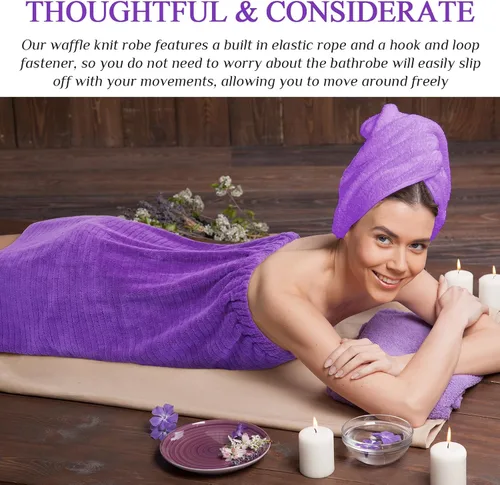 Vista 6 de 4 toallas de spa para mujer, bata de spa con cierre ajustable, parte superior elástica, envolturas ligeras para baño y ducha (morado, rayas)