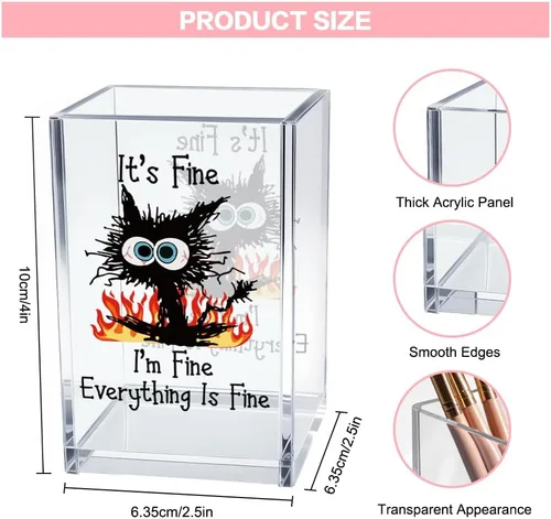 Vista 2 de It's Fine I'm Fine Soporte para Lápices y Bolígrafos Cosméticos de Acrílico, Divertido Soporte para Bolígrafos de Gato Negro, Regalo para Amantes