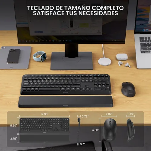 Vista 5 de Philips SPT6607 - Combo de teclado y mouse inalámbricos Bluetooth de 2.4 GHz, diseño ergonómico con reposamanos, conectividad de 3 dispositivos