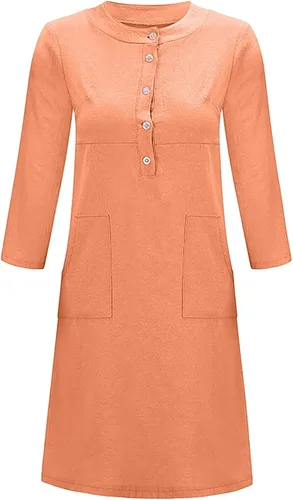 Vista 2 de Vestido de lino y algodón para mujer, manga larga enrollable, longitud media, con botones, con bolsillos
