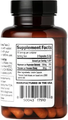 Vista 6 de Santa Cruz Paleo Cápsulas de Magnesio + Potasio, Suplemento para Hombres y Mujeres, Paleo, Keto, Sin Azúcar y Gluten, 166mg de Glicinato de Magnesio