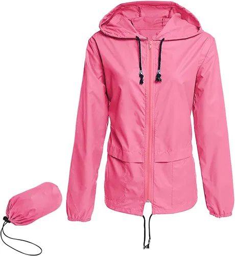 Vista 3 de Century Star Chubasqueros ligeros para mujer, chaqueta rompevientos impermeable para mujer, abrigo impermeable plegable con capucha