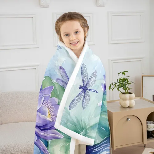 Vista 3 de Manfei Manta de flores de loto morado, manta de cama bohemia con libélula para niños, niñas, adultos, manta floral de acuarela para sofá, manta
