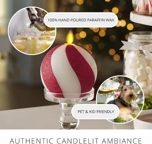 Vista 4 de Luminara - Vela de esfera de cuentas de cristal sin llama para las fiestas con purpurina - Bastón de caramelo rojo - Paquete de 1-4x4.25
