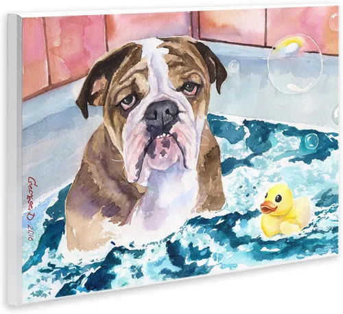 Vista 2 de Stupell Industries Placa de pared de goma con diseño de bulldog inglés en la bañera, diseño de George Dyachenko, 10 x 15 pulgadas, color azul