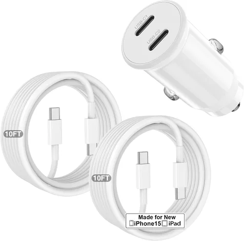 Vista 14 de Cargador de coche para iPhone 17 16 15 de carga rápida, cargador de coche USB C de doble puerto de 40 W con 2 cables USB C de 3 pies, adaptador