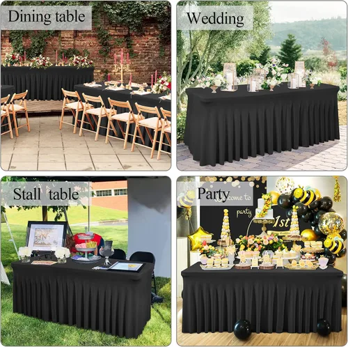 Vista 6 de Besutolife - Faldas de mesa de elastano negro para mesas rectangulares de 4 pies, diseño de una pieza, mantel para fiestas de cumpleaños, bodas