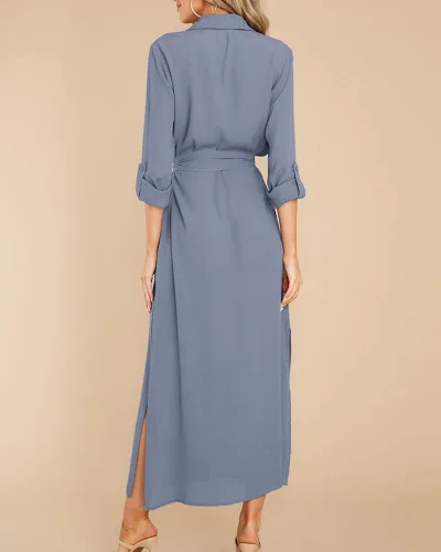 Vista 5 de Fekermia Vestido de camisa con botones para mujer, vestido de manga larga enrollable, con cinturón, con bolsillos