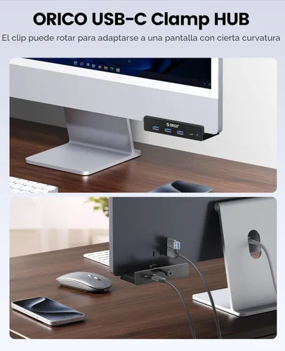 Vista 3 de ORICO Hub USB 3.0, Hub USB con Abrazadera con Puerto de Alimentación Extra, Adaptador USB de Aluminio de 4 Puertos con 3 Puertos de Datos USB-A