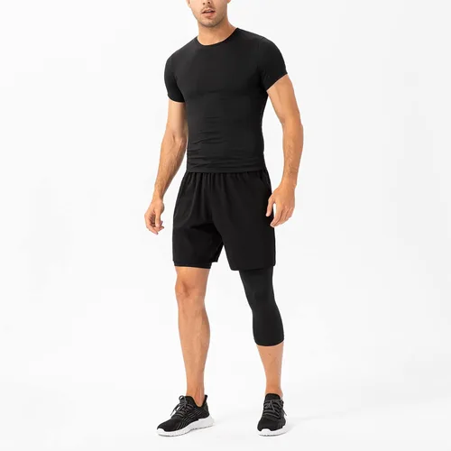 Vista 50 de Pantalones de compresión de 3/4 de una pierna para hombre, mallas de baloncesto atléticas para correr, leggings deportivos de capa base capri