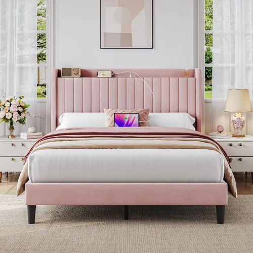 Vista 13 de Yaheetech Base de cama tamaño Queen con estación de carga USB y estante de almacenamiento/plataforma de cabecera tapizada con lado de ala/soporte