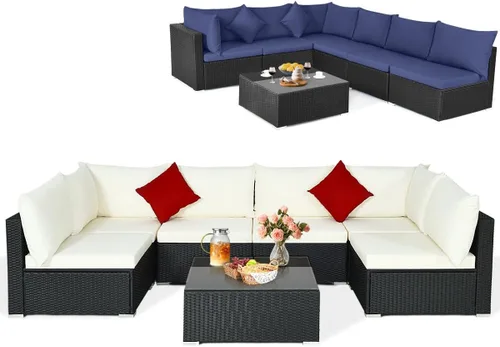Vista 31 de Tangkula Juego de 2 sofás de mimbre para exteriores, sin brazos, juego de sofá modular de ratán para patio con 2 cojines de asiento gruesos y 2