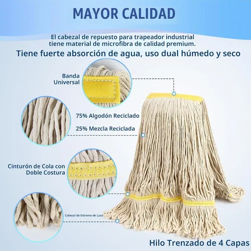 Vista 4 de Paquete de 2 trapeadores comerciales de algodón industrial de 20 onzas, cabezales de repuesto de algodón de grado industrial para el hogar