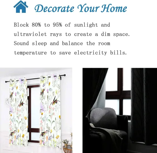 Vista 4 de CLWYMN113 - Cortina de ventana con estampado floral de pájaros en rama, con ojales, para oscurecer la habitación, para habitación, sala de estar