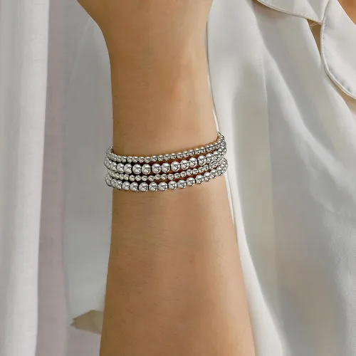 Vista 5 de Pulseras de cuentas de oro para mujer, juego apilable de bolas de cuentas, pulsera elástica elástica chapada en 14 quilates, joyería delicada