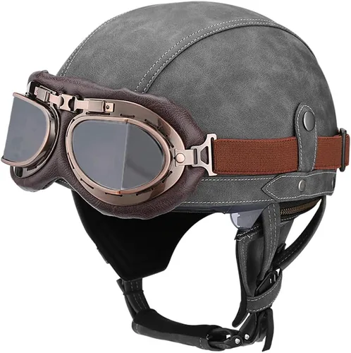 Vista 5 de Casco retro de cuero vintage para motocicleta, para hombres y mujeres, adultos, para scooter, bicicleta, crucero, con gafas y lente solar