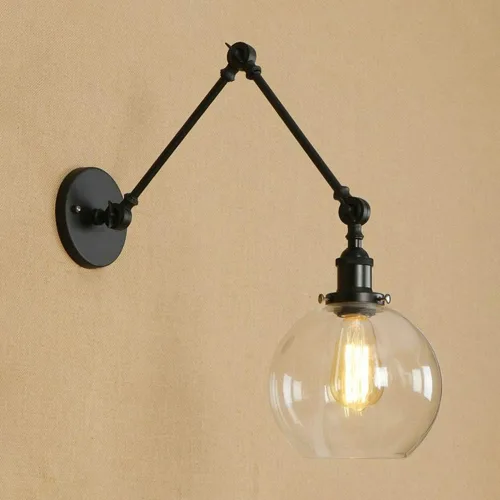 Vista 12 de Iluminación industrial estilo vintage 1 luz apliques de pared ajustable brazo oscilante aplique de pared con pantalla de globo transparente