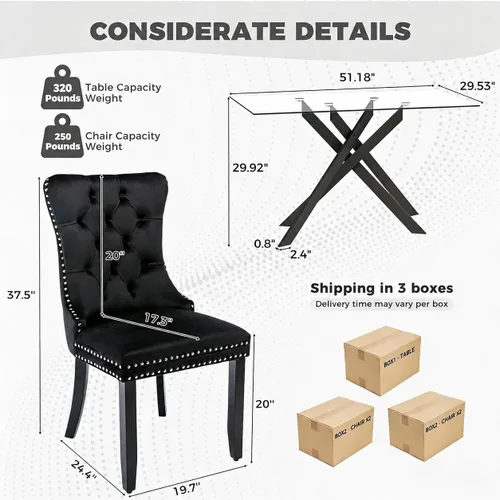 Vista 3 de Juego de mesa de comedor de 51 pulgadas de vidrio para 4, mesa de cocina rectangular de vidrio con 4 sillas tapizadas con acentos de terciopelo