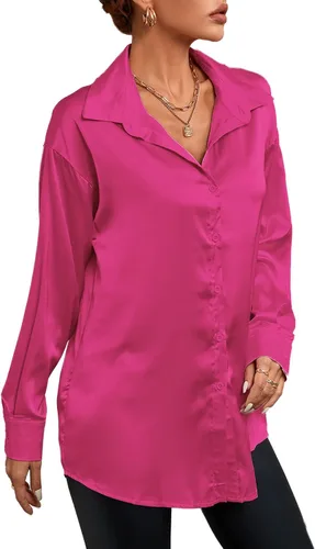 Vista 3 de LYANER Blusa de manga larga con cuello en V y botones de seda satinada para mujer