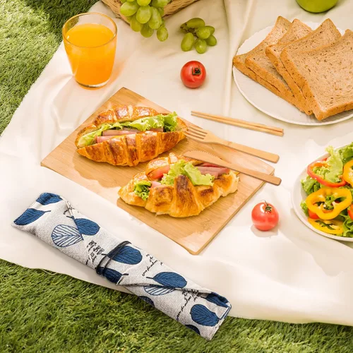 Vista 6 de Juego de 4 cubiertos de bambú para viaje, utensilios de bambú reutilizables, tenedor, cuchillo, cuchara, palillos, cepillo de limpieza para comer