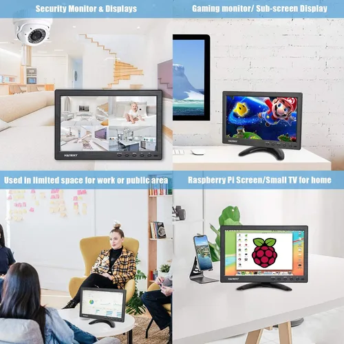Vista 7 de Haiway Monitor de seguridad de 10.1 pulgadas, resolución de 1024 x 600, pequeño monitor HDMI, monitores de computadora pequeños con control remoto