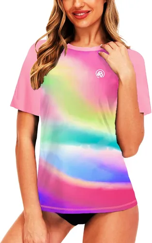 Vista 111 de AOBUTE Camisetas de natación de manga corta para mujer con protección solar degradada