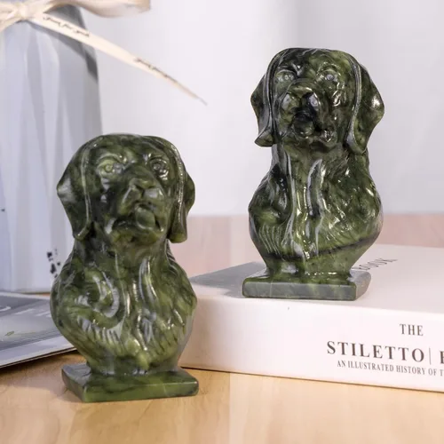 Vista 4 de Nupuyai Estatua de cabeza de perro de jade verde natural para decoración de oficina en casa, figura de animal tallada curativa, escultura