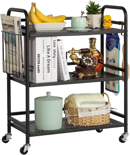 Vista 12 de HDANI Carrito de metal rodante de 3 niveles, carrito multiusos de alta capacidad resistente para oficina, cocina, sala de estar, dormitorio, negro