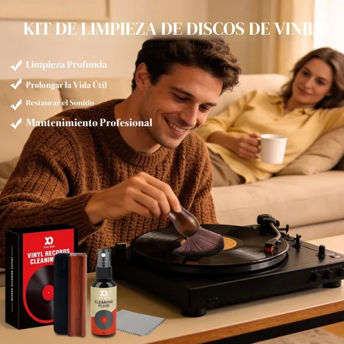 Vista 4 de Kit de limpieza de discos de vinilo - Kit completo de limpieza de discos de vinilo 5-en-1 incluye cepillo de discos de terciopelo suave, líquido