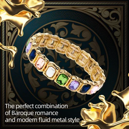 Vista 2 de hopmiss Baroque Pearl Stretch Bracelet with Faceted Rhinestone Cabochon, Luxury Molten Casting Texture Bracelet with Colored Gemstones for Women