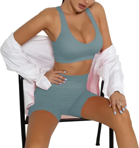 Vista 4 de DADAB Conjuntos de entrenamiento de dos piezas para mujer, ropa de gimnasio, yoga, sin costuras, espalda cruzada, brasier deportivo con pantalones
