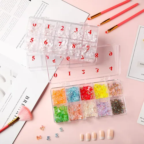 Vista 6 de Caja de 2 piezas vacía para puntas de uñas, 10 ranuras numeradas, caja organizadora de puntas de uñas postizas, caja de almacenamiento de rejilla