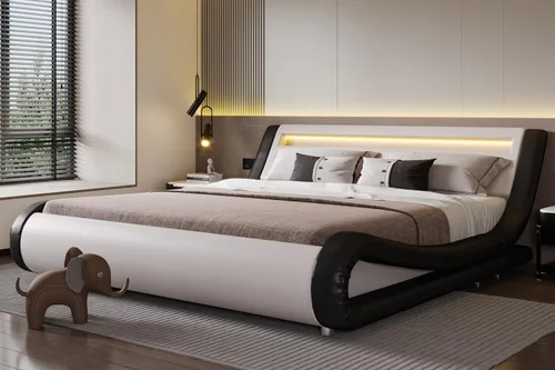 Vista 13 de SHA CERLIN - Marco de cama de tamaño matrimonial con cabecera LED tapizada moderna, color negro Low Profile Sleigh Design, Adjustable Headboard