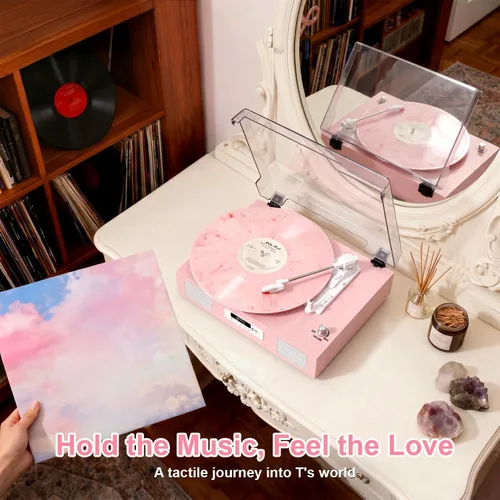Vista 5 de Vinyl Record Player with Stereo Speakers Turntable USB Recording, Pink,Built-in Speakers, 3-Speed Belt Drive, RCA Line-Out AUX-in, Auto Stop