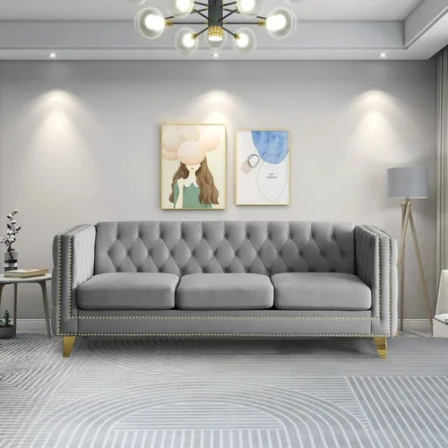 Vista 7 de Sofá de terciopelo de 3 plazas, cómodos sofás para sala de estar, sofá moderno con respaldo copetudo y decoración de remaches, sofá largo tapizado